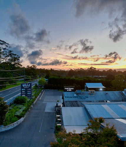 Aerial sunset view of Tastebuds @ Hills cafe at the Hills Marketplace